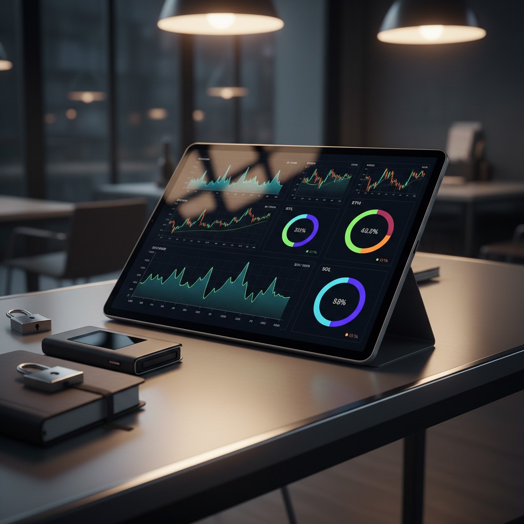 L'image de cet écran tactile montre un graphique et des données sur son écran qui semblent concerner les cryptomonnaies.