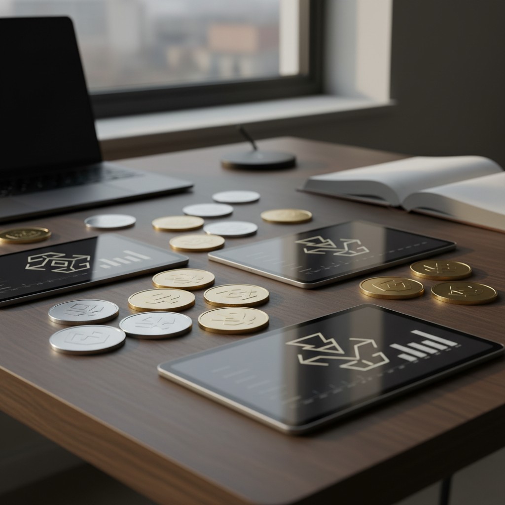 Un bureau avec des objets en argent et or et des tablettes sécurisées sur une table.